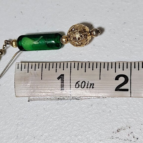 Elegant Retro Green Glass Gold Tone Filigree Bead Drop Earrings Fashion Jewelry - Picture 4 of 4